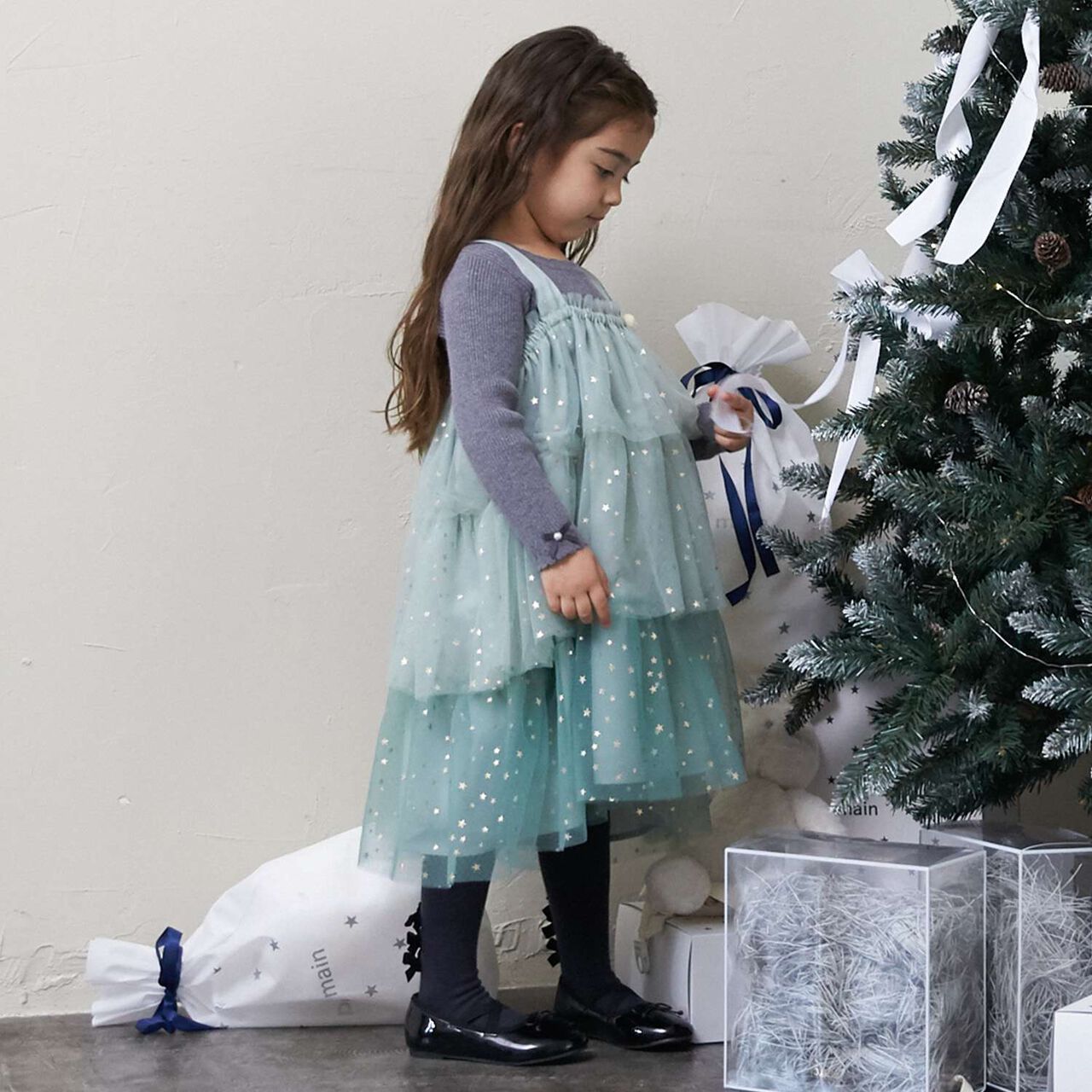 Tulle Frill One-Piece Dress,Blue green, large image number 4