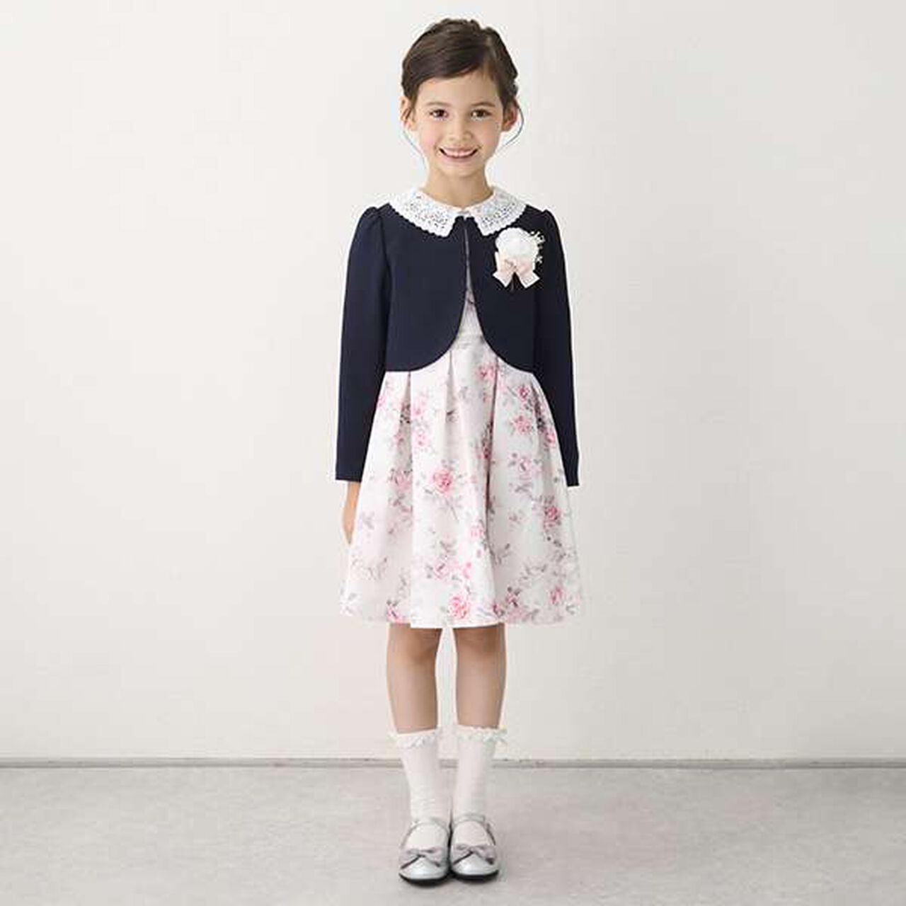 Lace Collar Floral Dress & Jacket Set,Pearl white, large image number 0