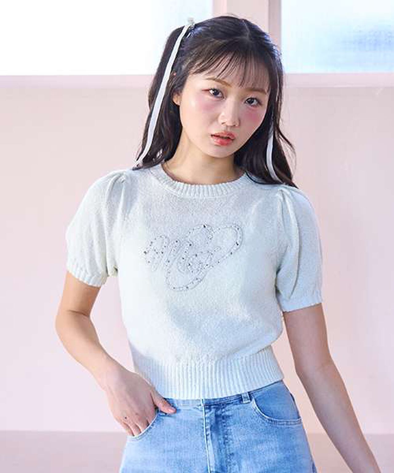 Jewel Logo Short-Sleeve Knitwear,Ivory, large image number 1