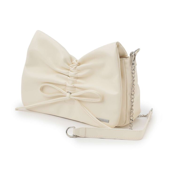Faux Leather Ribbon Shirred Shoulder Bag,Ivory, medium image number 2