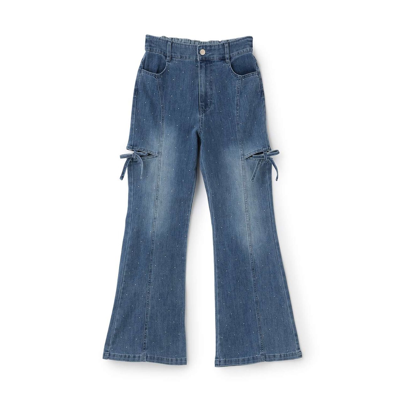 [Cool Touch] Sparkling Flare Denim Pants with Side Slits,Blue, large image number 0
