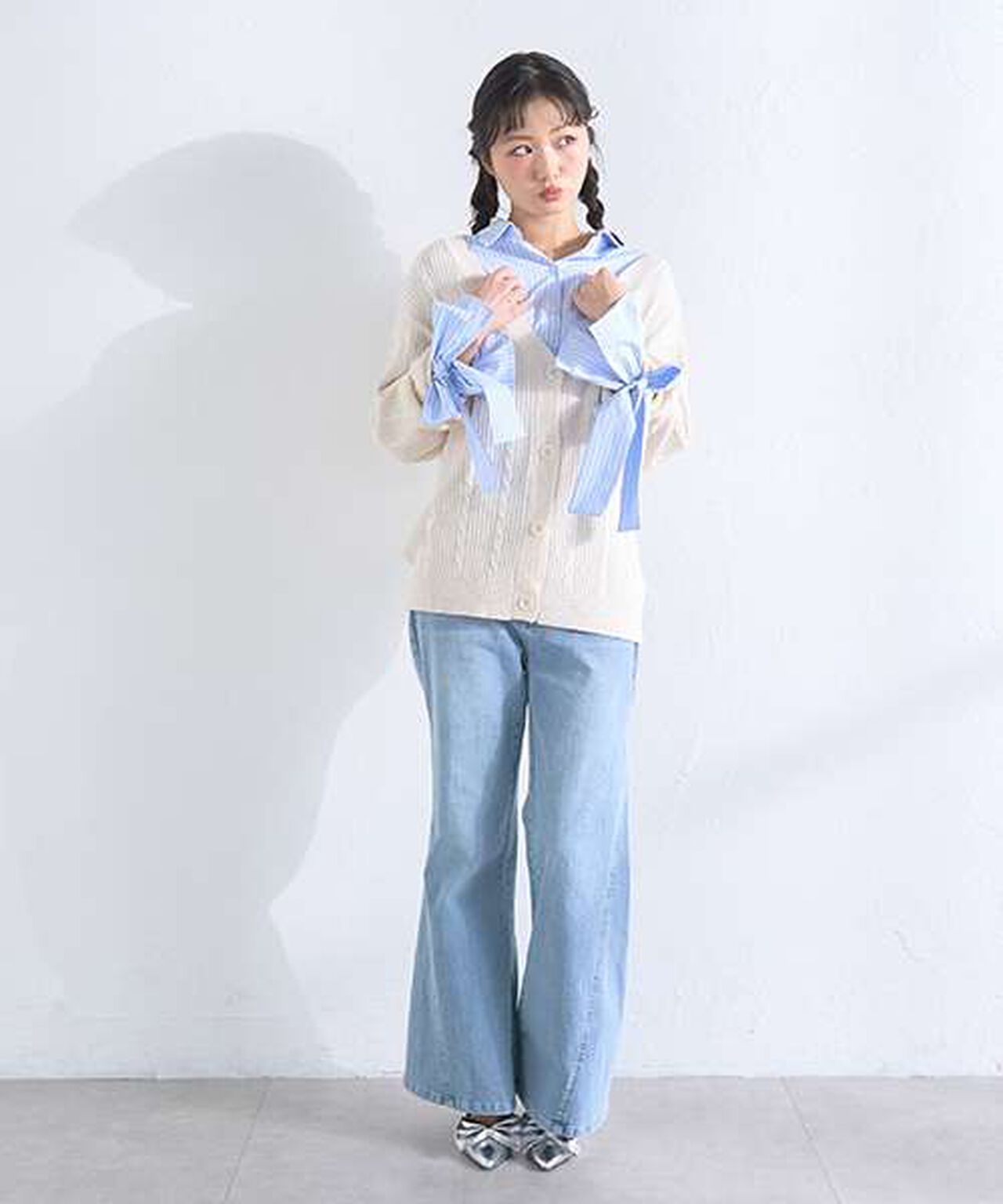 Shirt & Knit Cardigan Set,Ivory, large image number 3