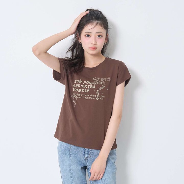 [LTXC/Cotton 100%] Ribbon Illustration Cropped Short-Sleeve T-Shirt in Black,Cream, medium image number 5