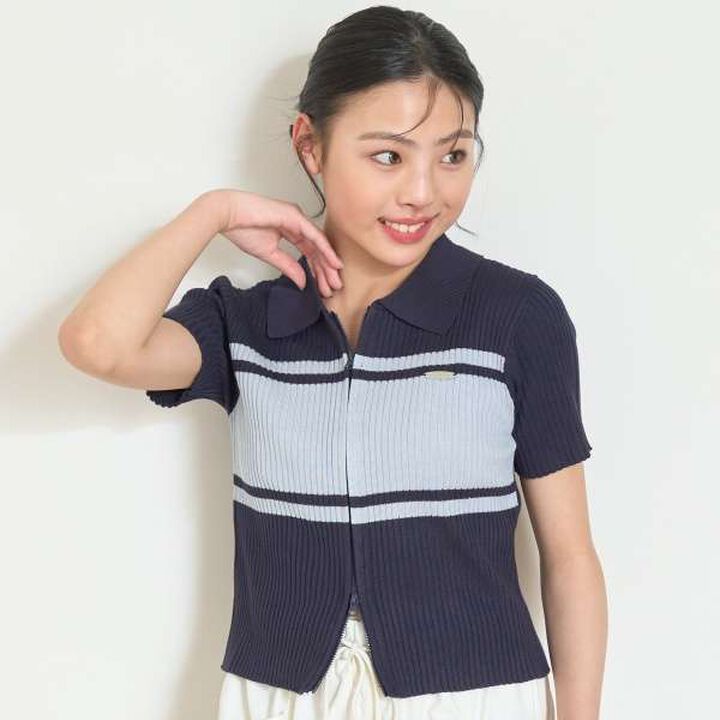 [Arael] Short-Sleeve Zip Knitwear,Navy, medium image number 0