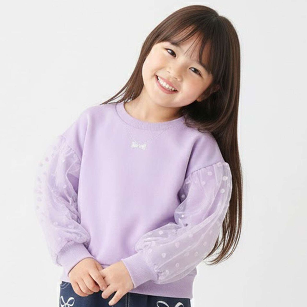 Tulle Sleeve Sweatshirt,Lavender, large image number 0