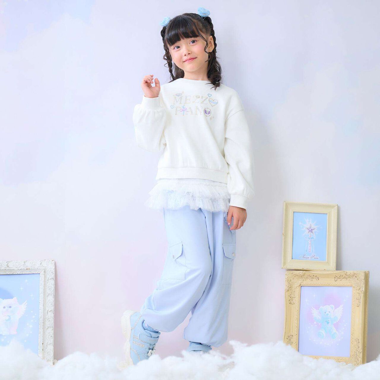 Rhinestone Logo Sweatshirt & Tulle Hem T-Shirt Set,Off white, large image number 18