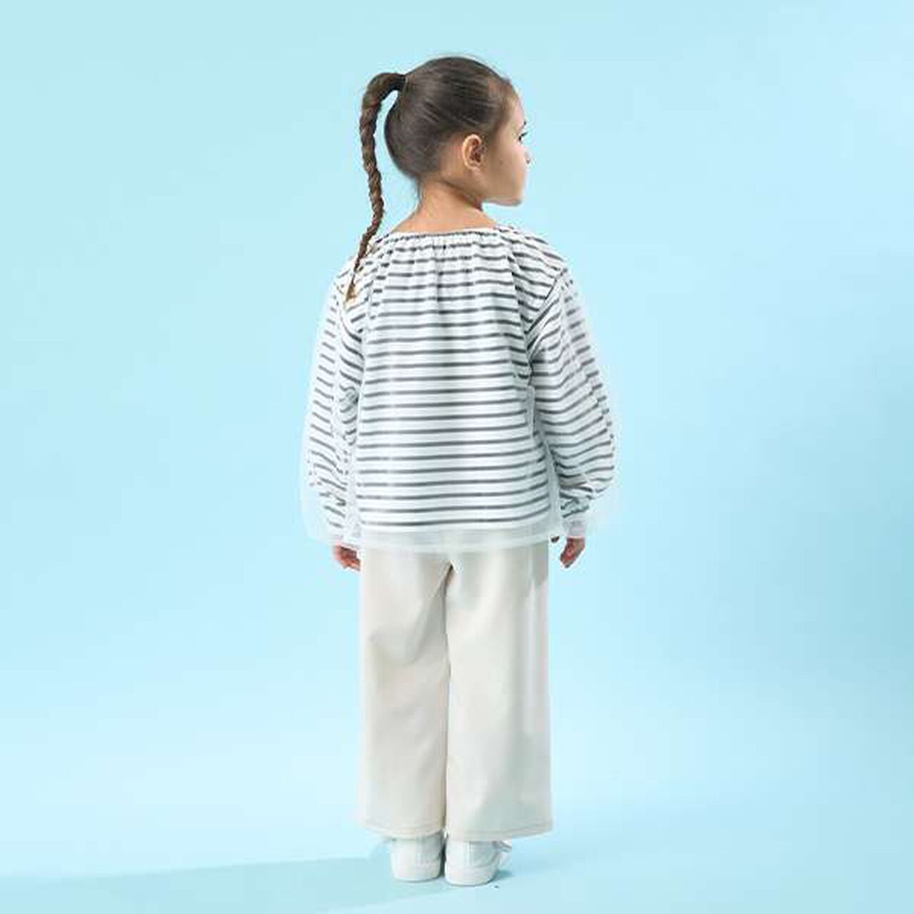 Soft Cotton Tulle Layered Stripe Boat Neck T-Shirt,Blue, large image number 12