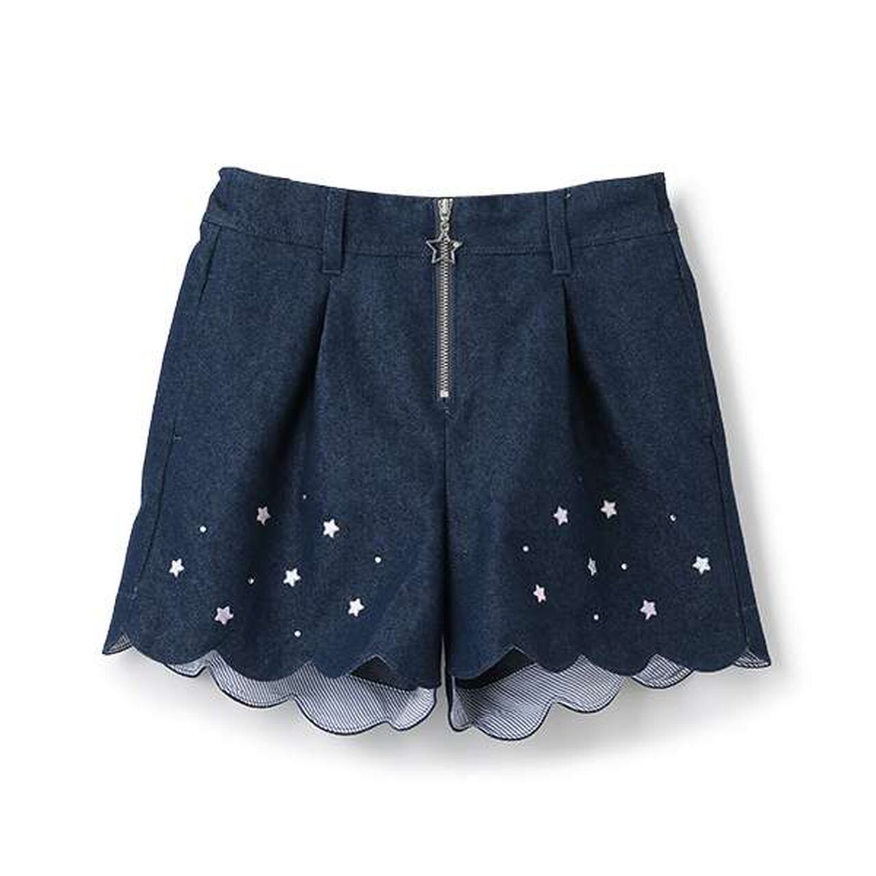 Front ZIP Scalloped Hem Star Embroidery Shorts,Navy, large image number 0