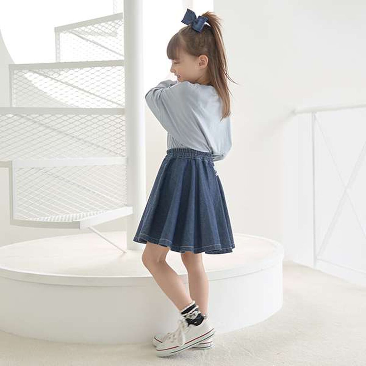 Soft Denim Heart Embroidery Flare Skirt,Blue, large image number 3