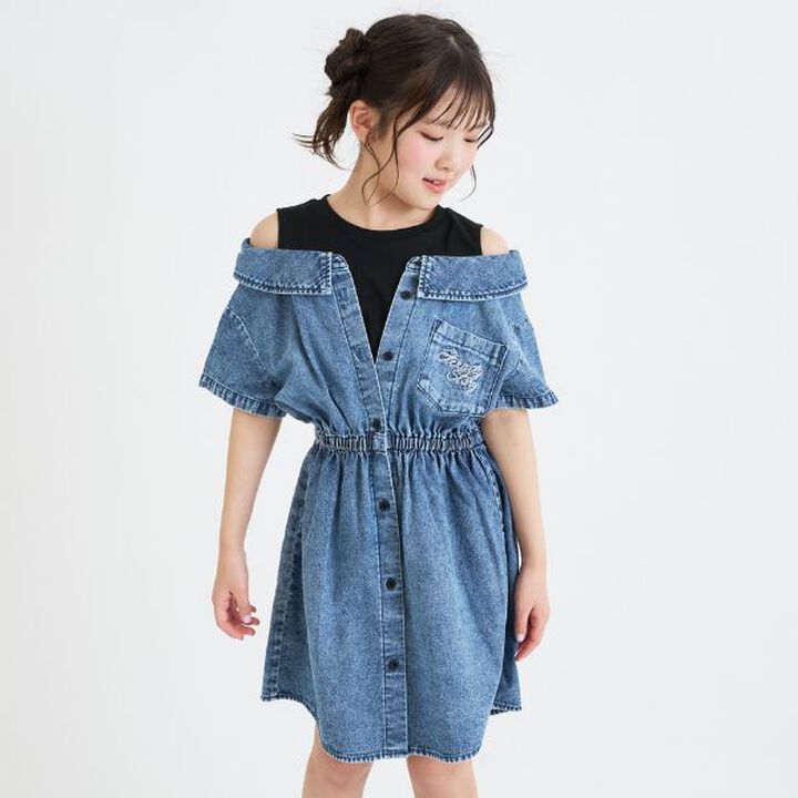 Shoulder Cutout Denim Shirt Dress,Blue, medium image number 0