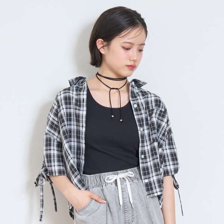 Drawstring Short-Sleeve Checkered Shirt,Blue, medium image number 3