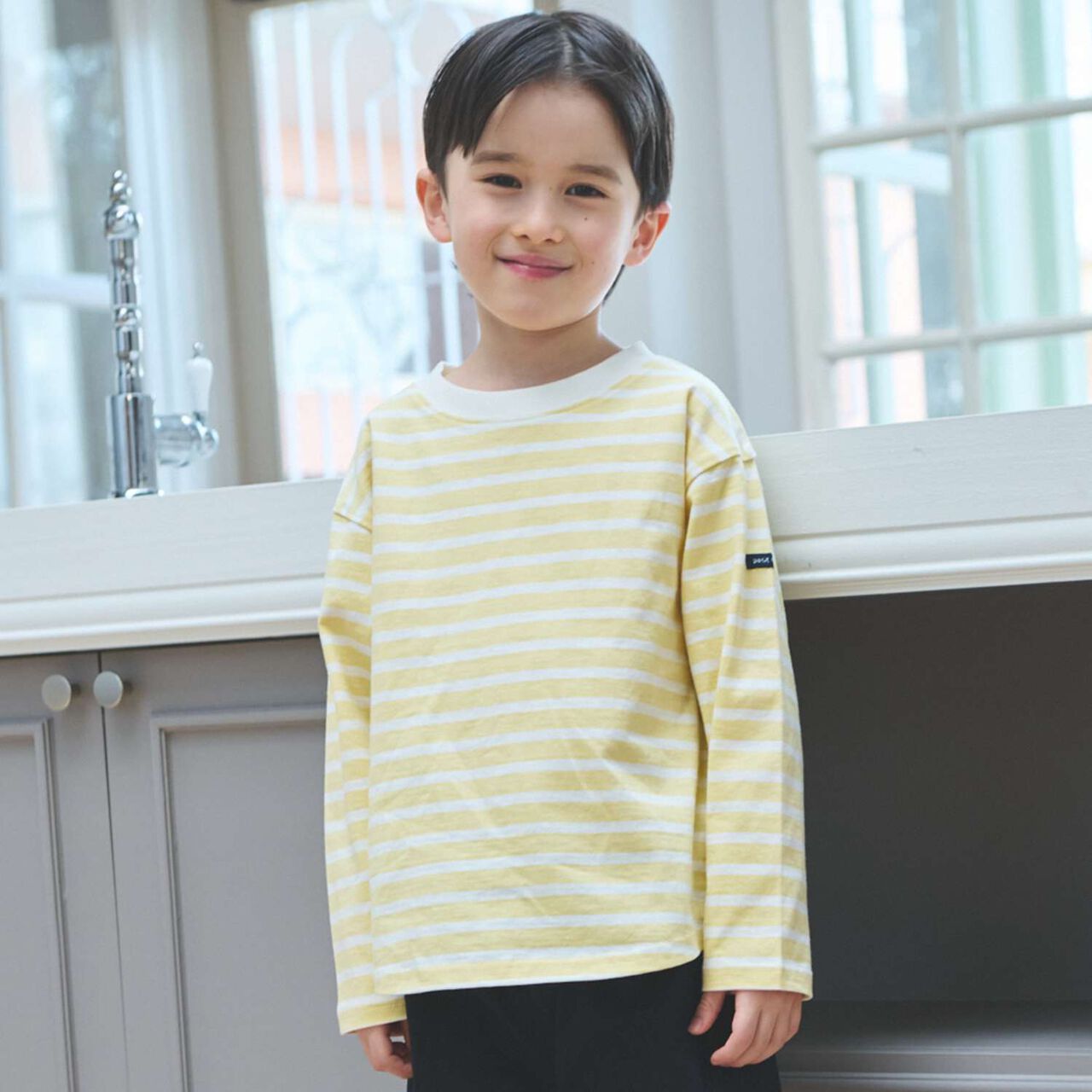 Anti-Stain Stripe Long-Sleeve T-Shirt,Yellow, large image number 0