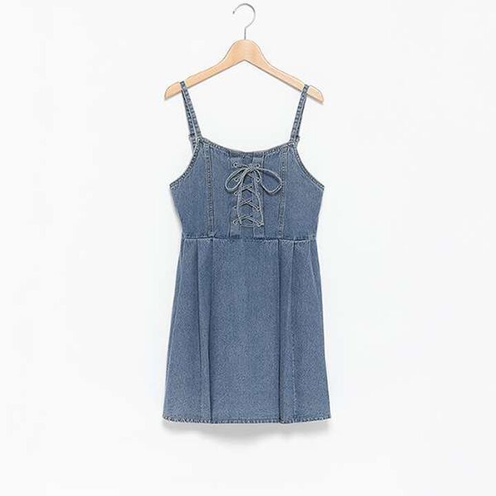 Lace-Up Denim Jumper Dress,Blue, medium image number 10