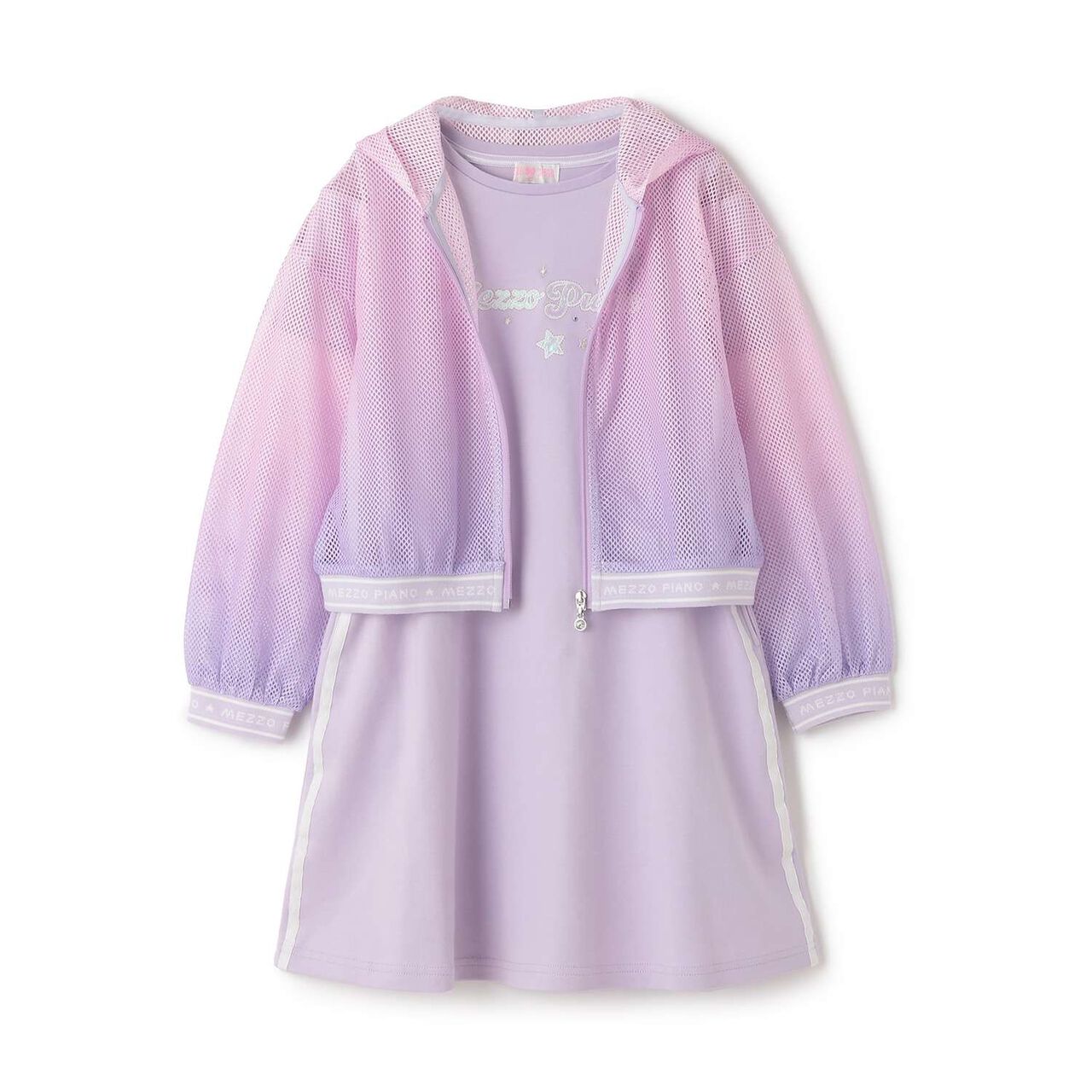 Mesh Zip Parka & Shoulder Opening Cut One-Piece Dress Set,Lavender, large image number 0