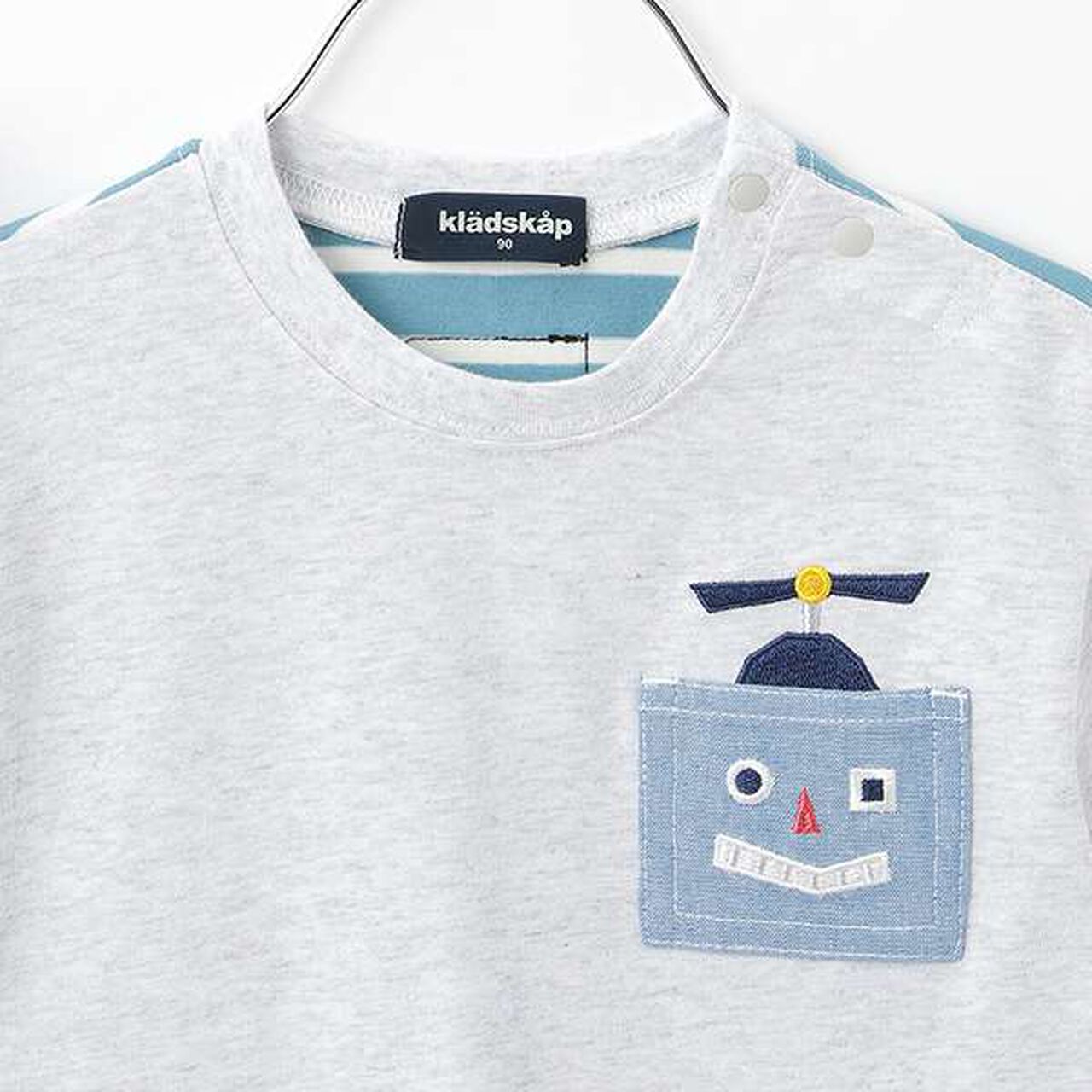 Robot Pocket Stripe Pattern Short Sleeve T-Shirt,Smoke white, large image number 3