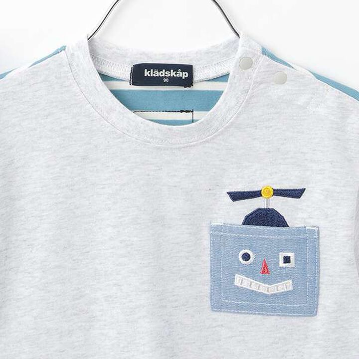 Robot Pocket Stripe Pattern Short Sleeve T-Shirt,Smoke white, medium image number 3