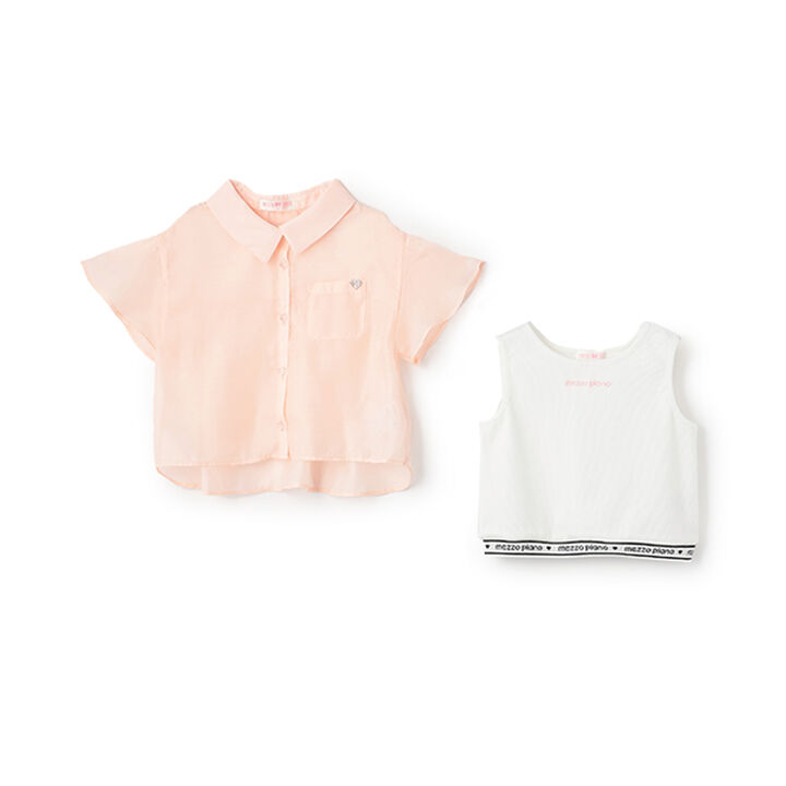 Sheer Shirt & Logo Rib Tank Top Set,Peach, medium image number 2