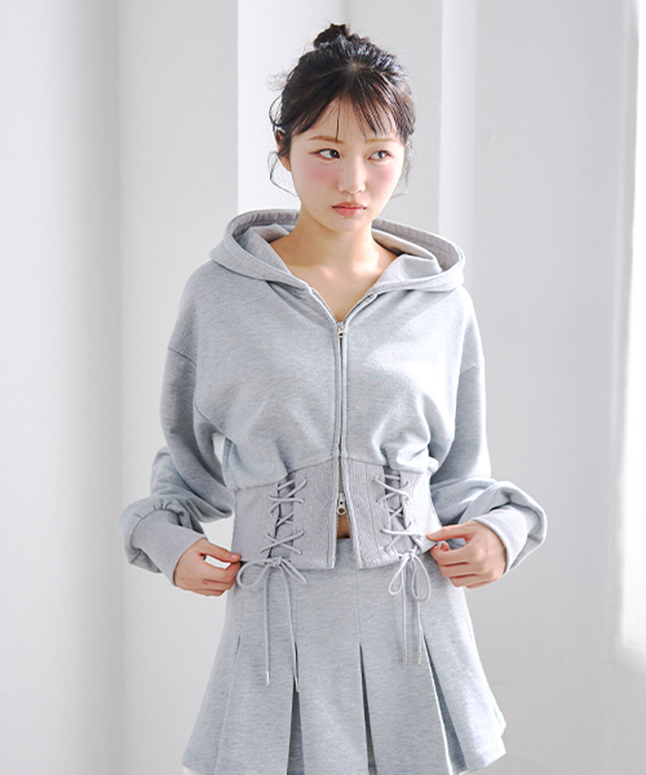 Lace-Up Sweatshirt Hoodie,Off white, large image number 1