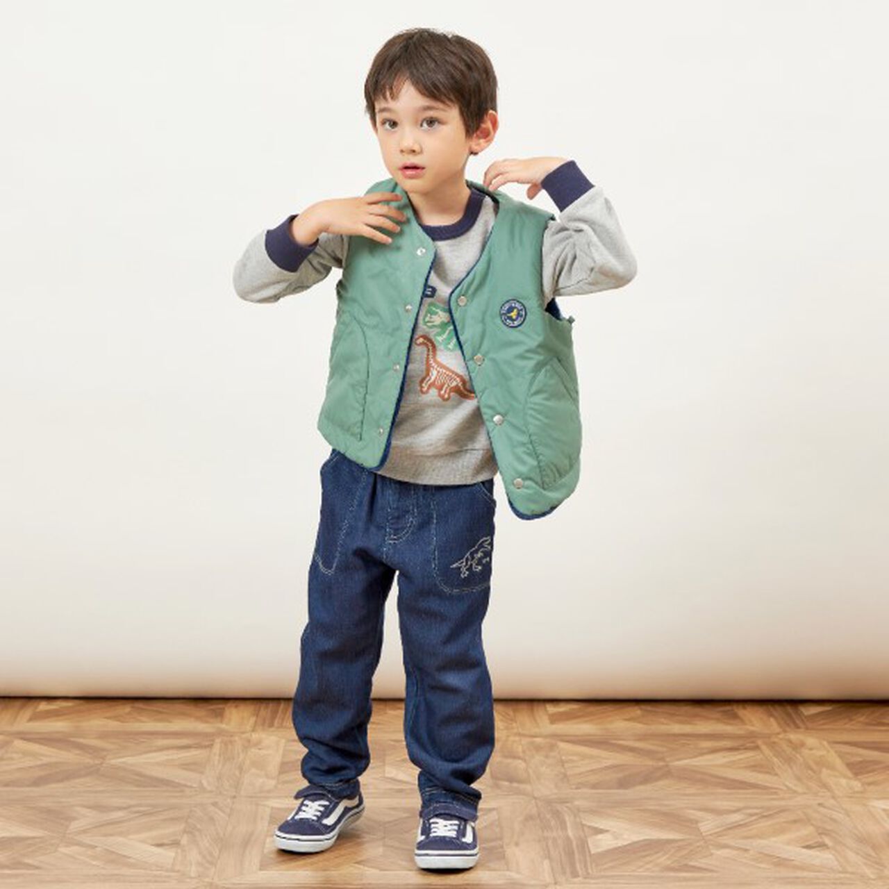 KPBOY Dinosaur Reversible Boa Lined Padded Vest (80-130),Blue, large image number 1