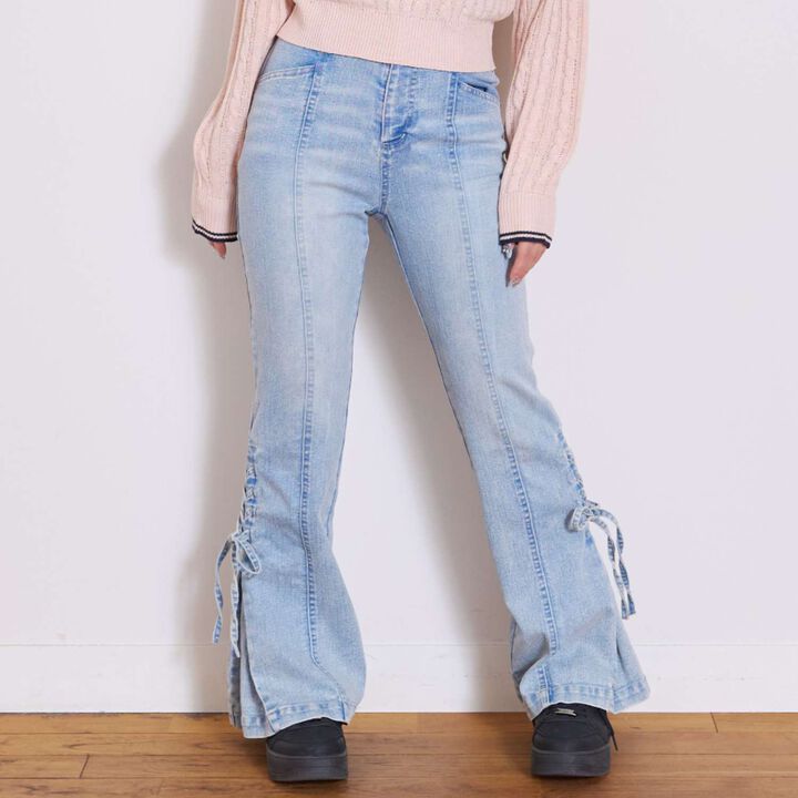 Lace-Up Flare Denim Pants,Gray, medium image number 1