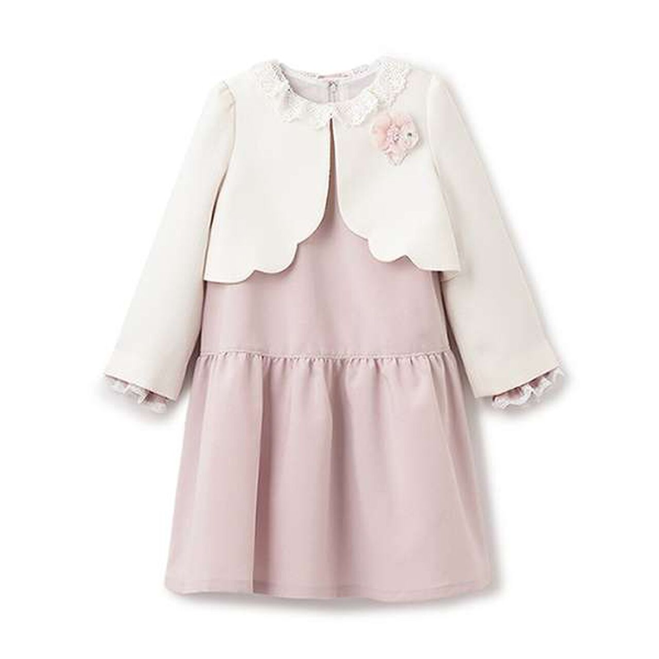 Long-Sleeve OP + Scallop Trim Jacket Set,Beige, large image number 4