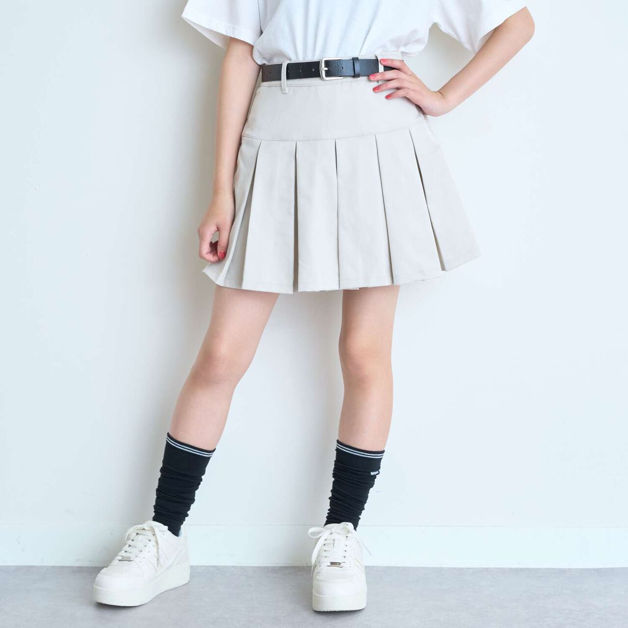 [Easy Care] Pleated Skirt with Belt,Black, large image number 1