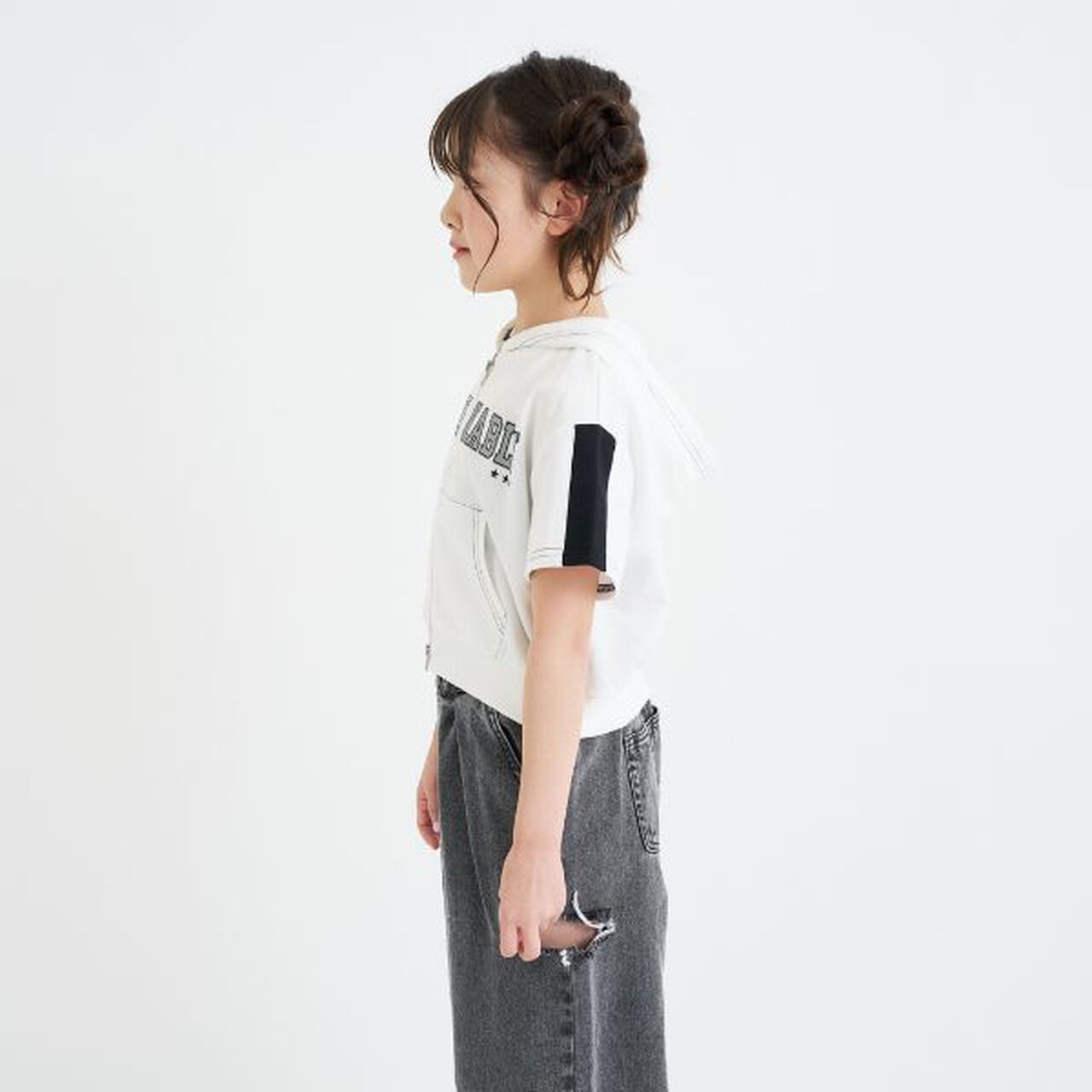 Double ZIP Mini French Terry Short-Sleeve Hoodie,Off white, large image number 18