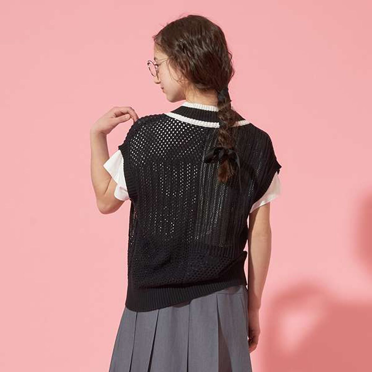 [AMI] Patchwork Knit Mesh Vest Set,Black, large image number 7