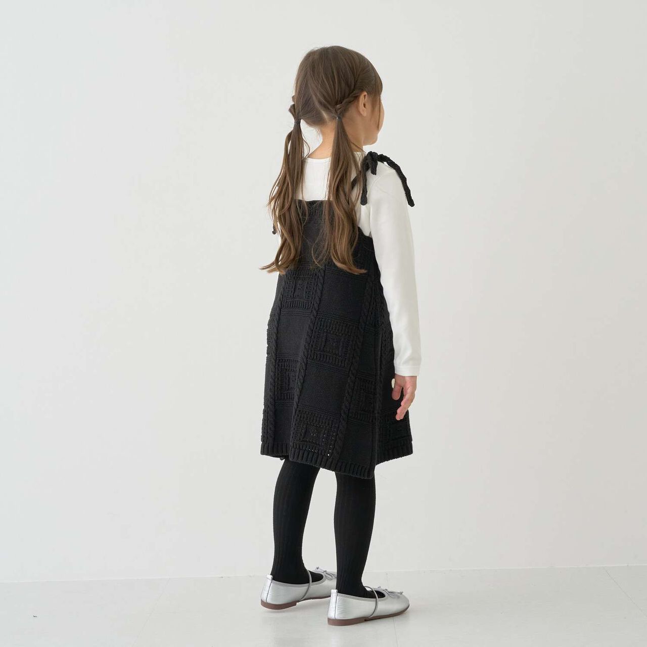 [Machine Washable] Black Crochet-Style Knit Docking One-Piece Dress,Black, large image number 8