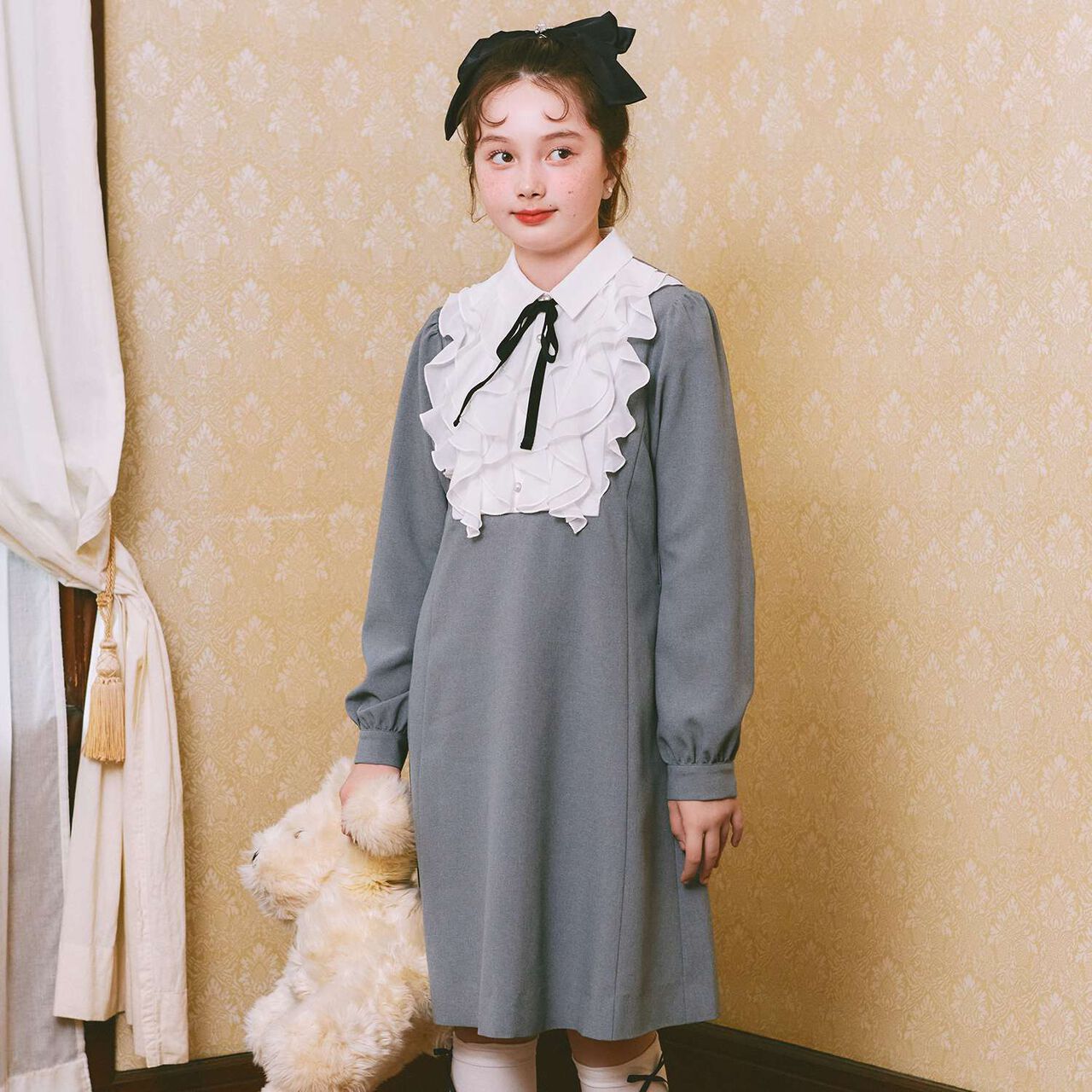 Frill Yoke One-Piece Dress♪,Gray, large image number 0