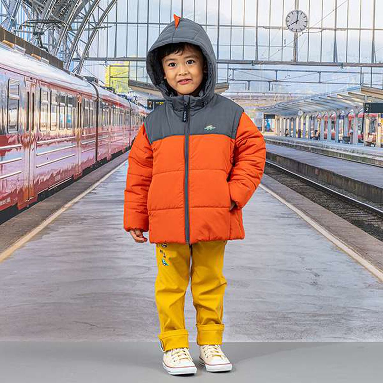 Dinosaur 3-Way Puffer Jacket,Orange, large image number 7
