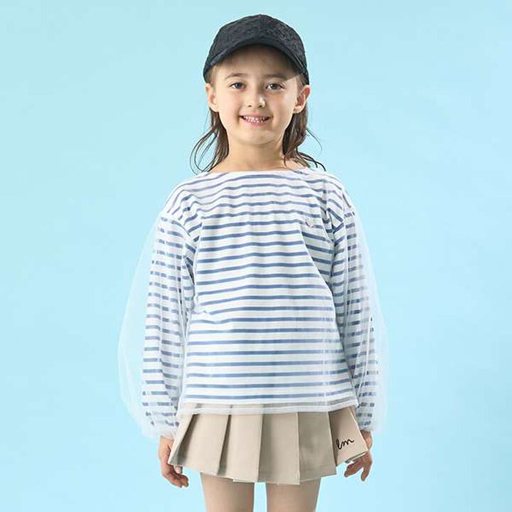 Soft Cotton Tulle Layered Stripe Boat Neck T-Shirt,Blue, medium image number 0