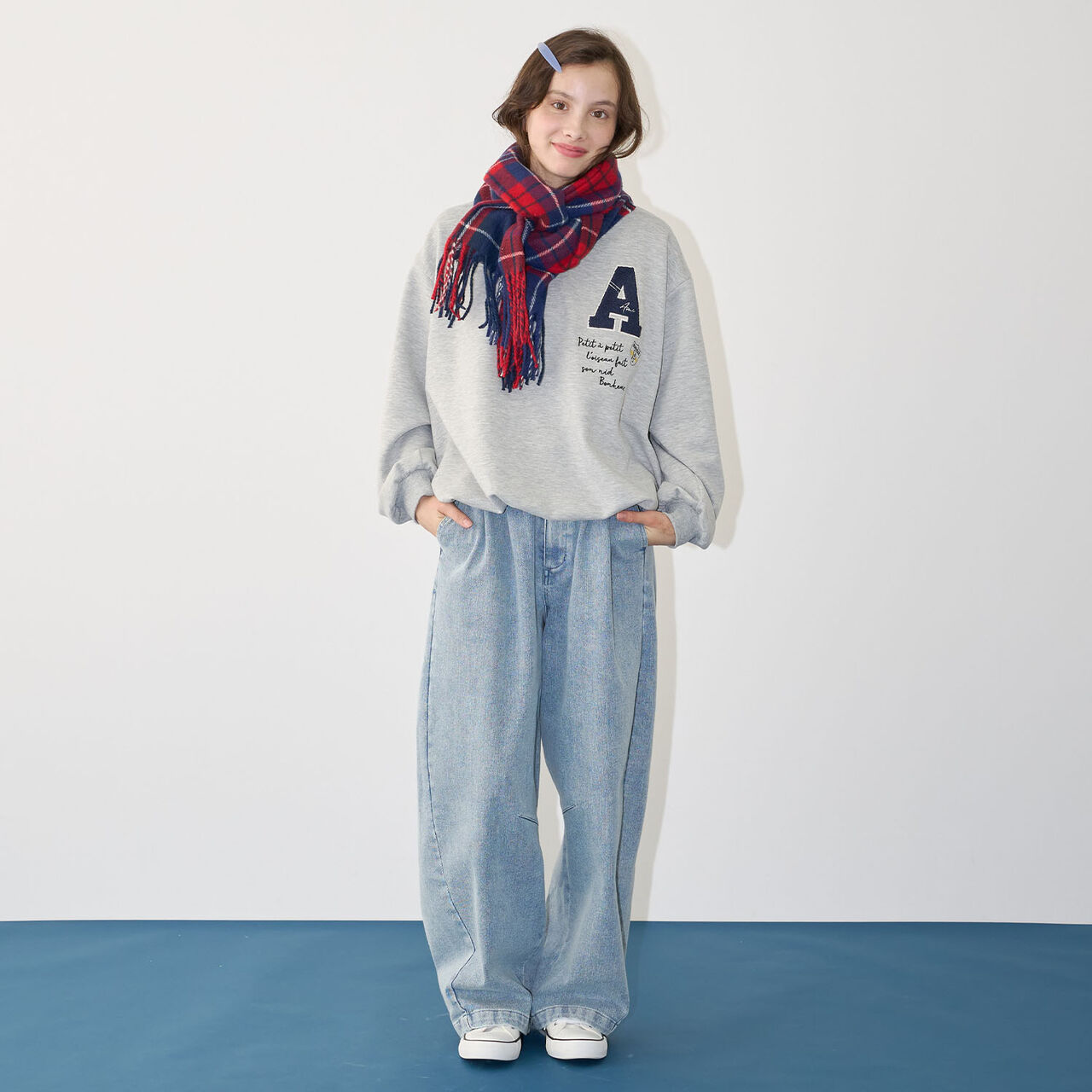 [Anti-Static Finish] Cashmere Touch Checkered Scarf,Navy, large image number 2