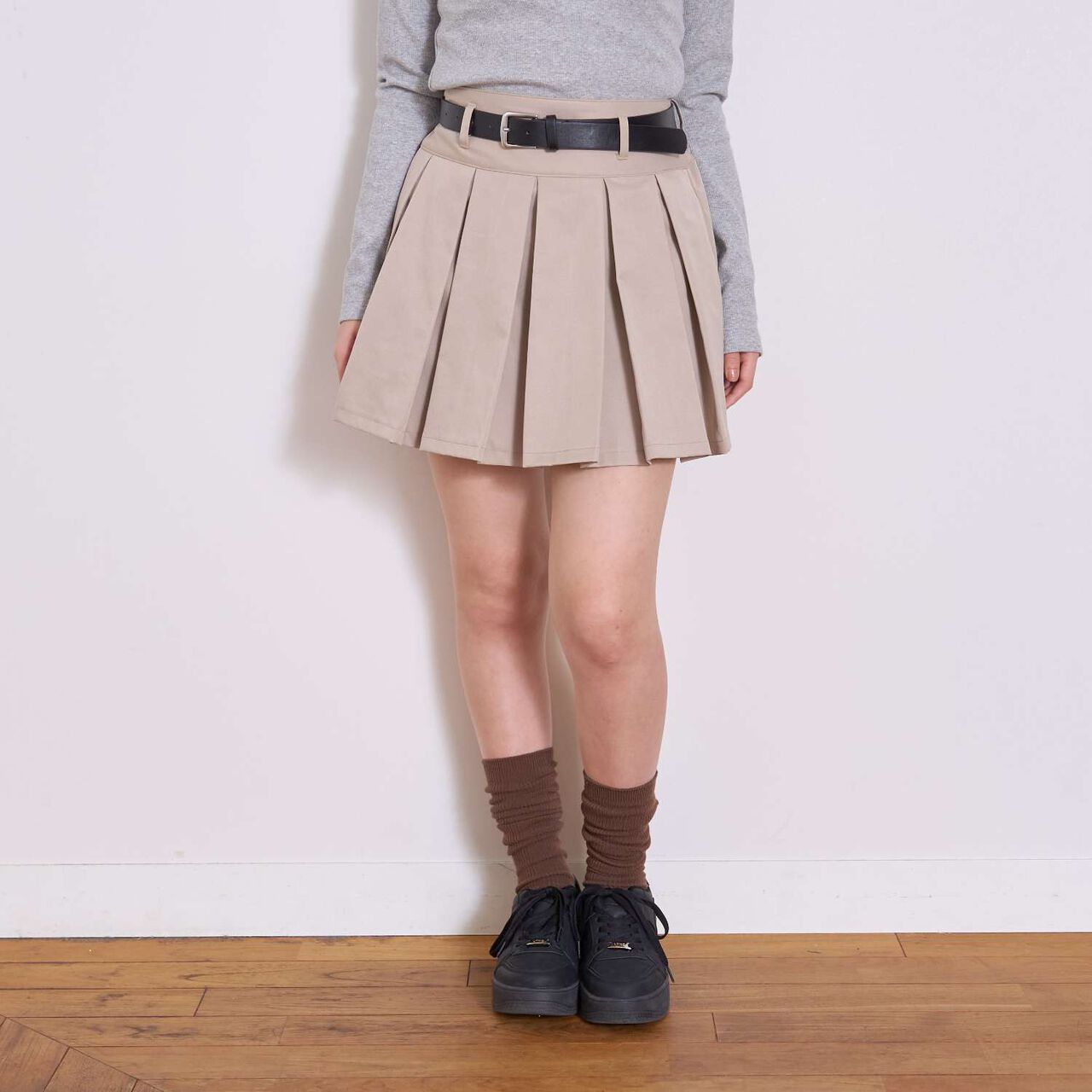 [Easy Care] Pleated Skirt with Belt,Gray, large image number 3