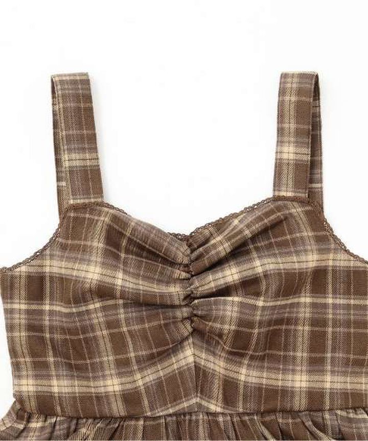 Gathered Checkered One-Piece Dress [Korean Fashion],Brown, medium image number 5