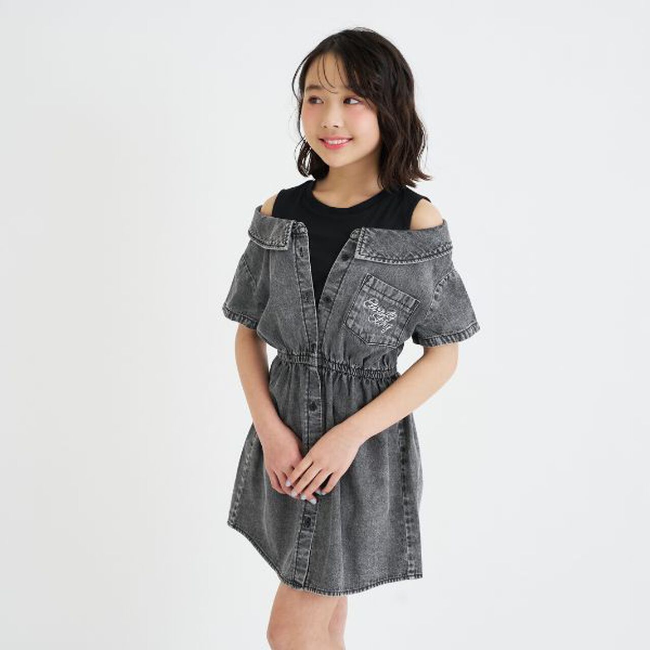 Shoulder Cutout Denim Shirt Dress,Gray, large image number 0