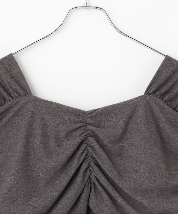 Tie-Detail Gathered Off-Shoulder Cut and Sew Top,Gray, medium image number 5