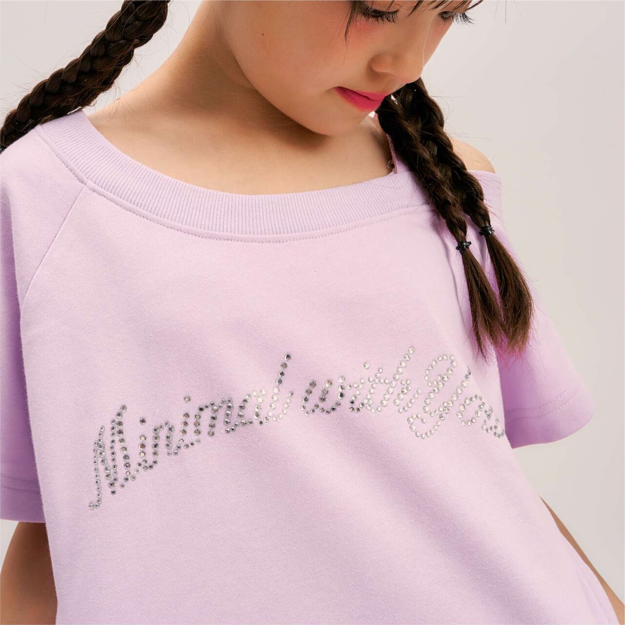 Rhinestone Logo One-Shoulder T-Shirt Outfit Set,Lavender, large image number 7