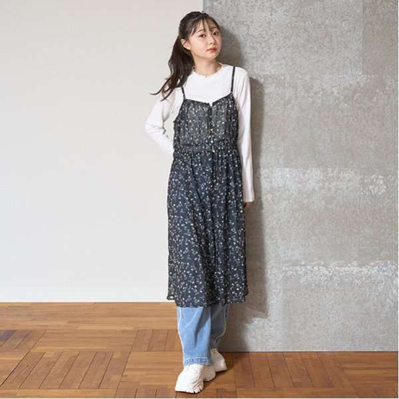 Floral Print Camisole One-Piece Dress,Black, large image number 0