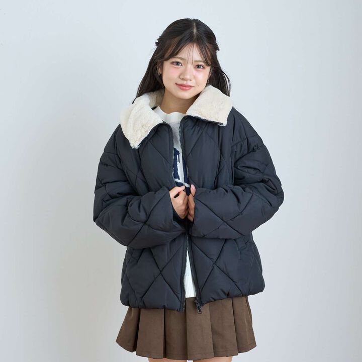 Double Zipper Puffy Quilted Bomber Jacket,Black, medium image number 0