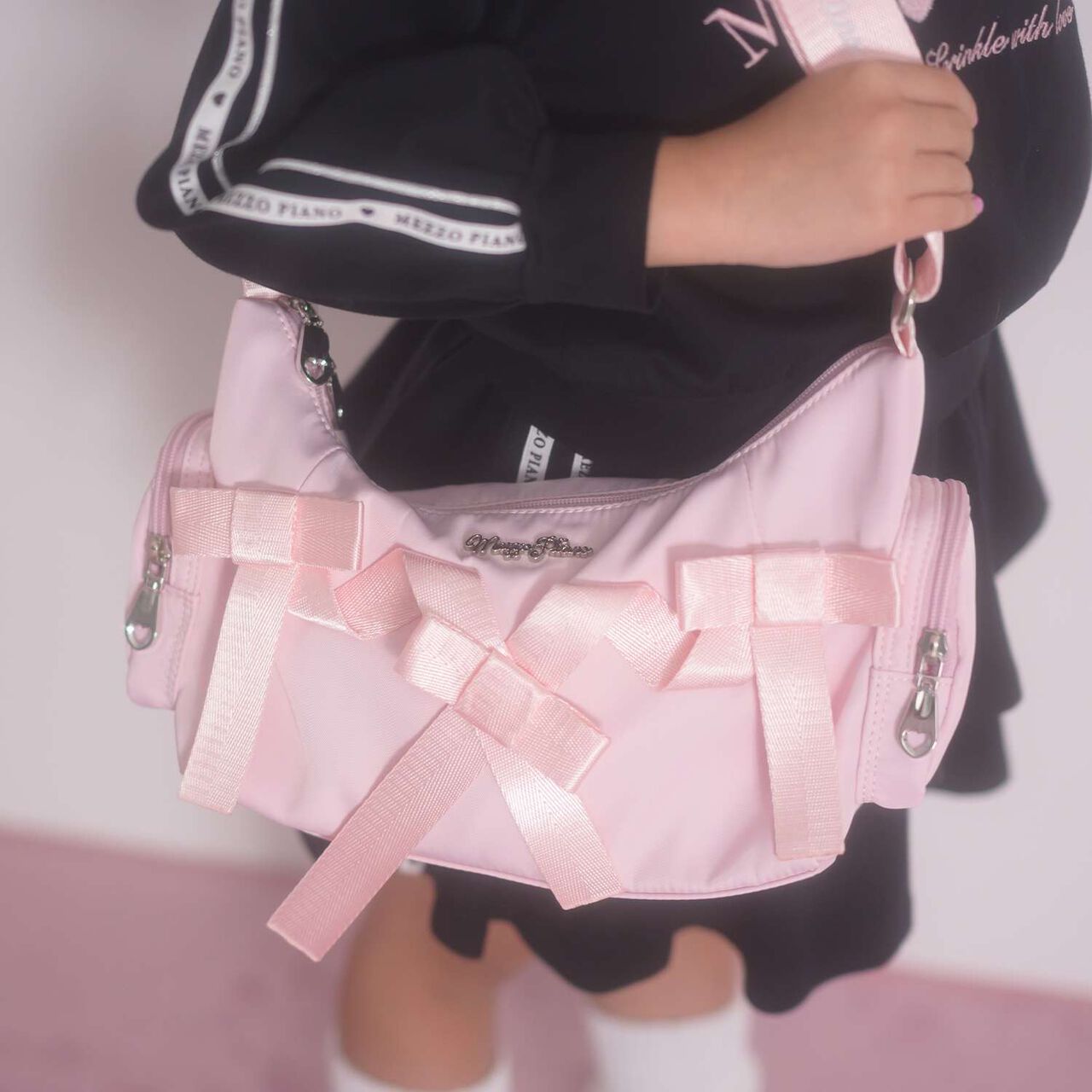 Ribbon Accented Shoulder Bag,Light pink, large image number 0