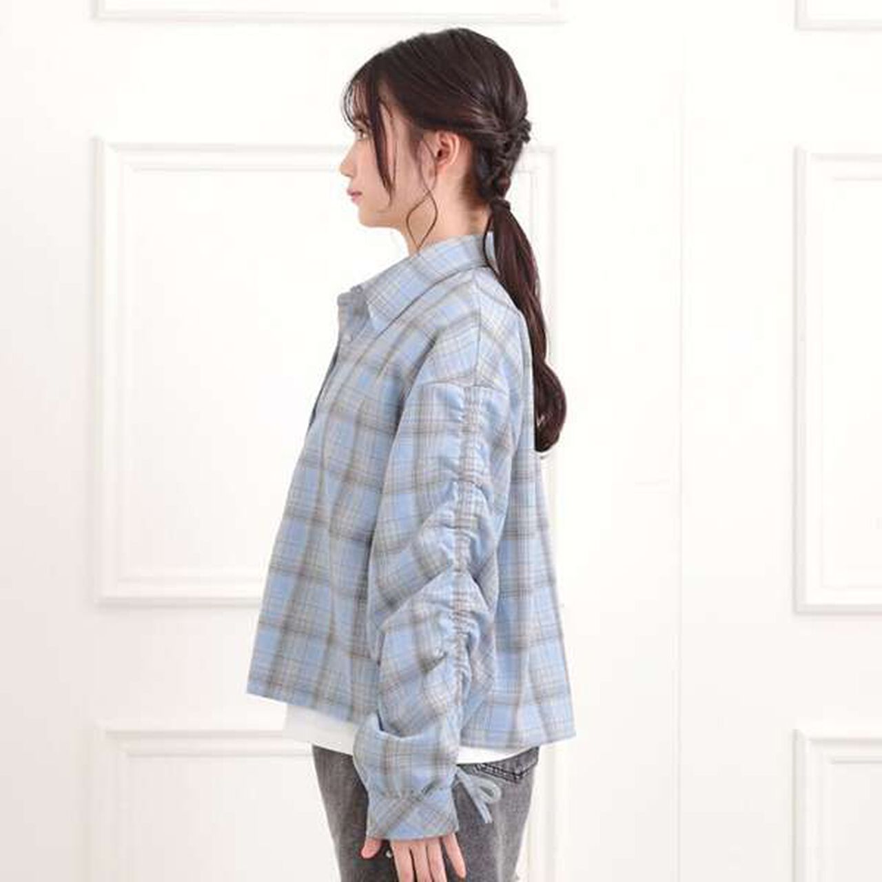 [Set Item] Brushed Checkered Shirt + Long Sleeve T-Shirt,Sax blue, large image number 2