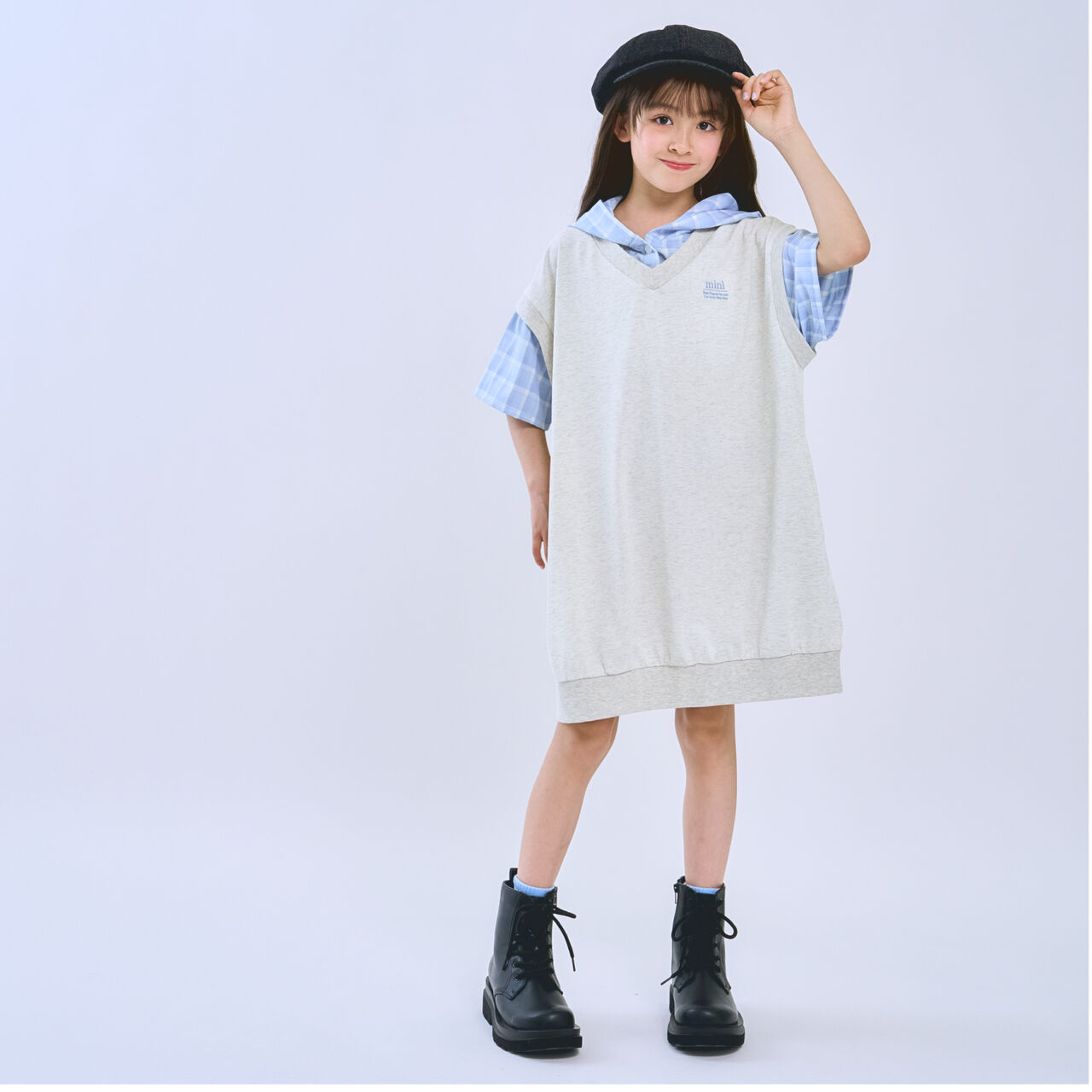 Layered Shirt Hoodie One-Piece Dress,Smoke white, large image number 0