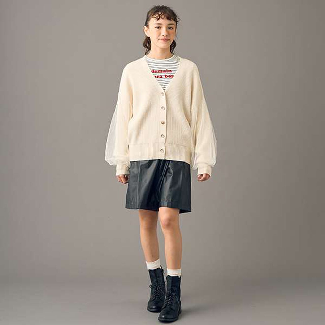 [AMI] Overlay Tulle Sleeve V-Neck Cardigan,Ivory, large image number 3