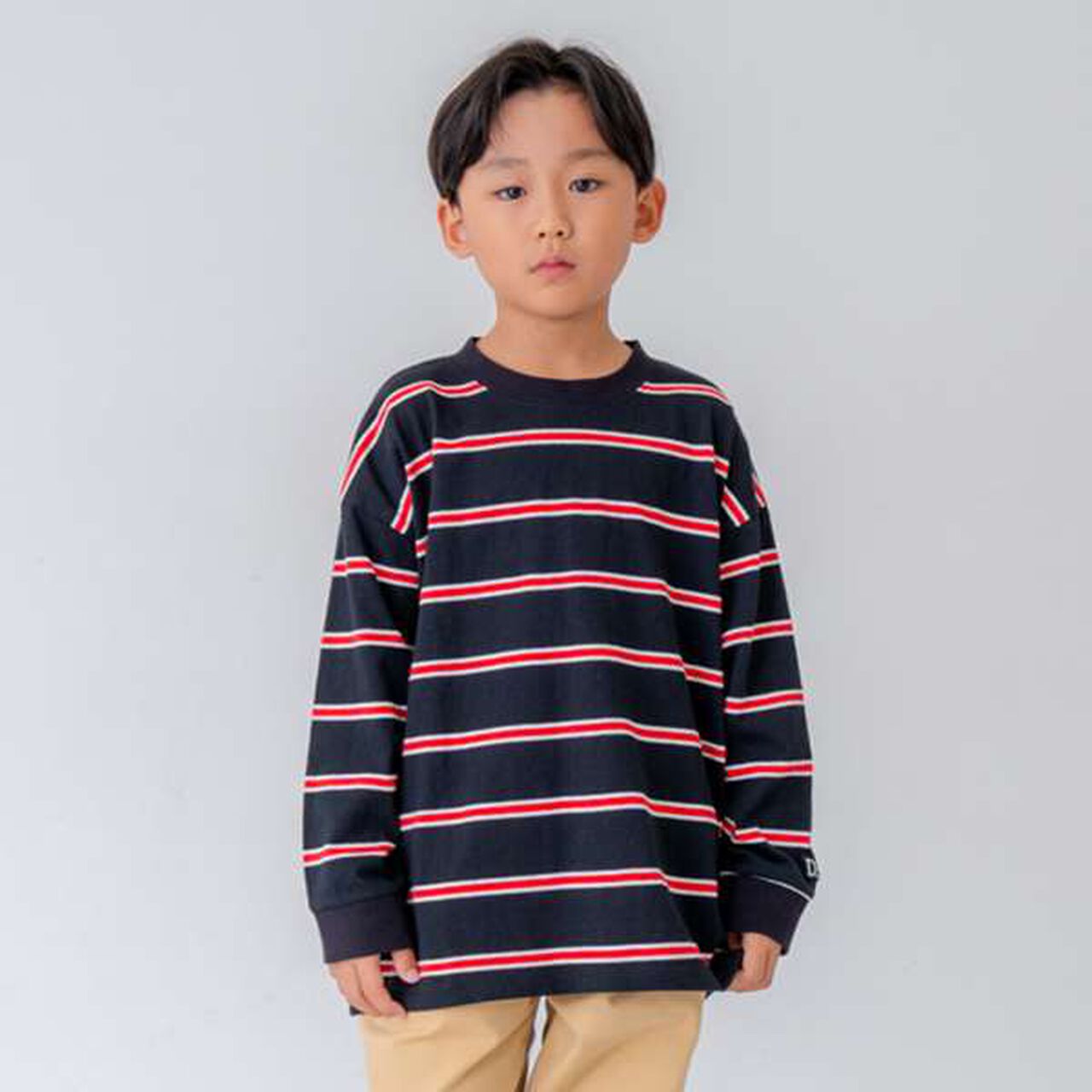 Multi Stripe Pattern Ribbed Sleeve Big Long T-Shirt,Beige, large image number 22