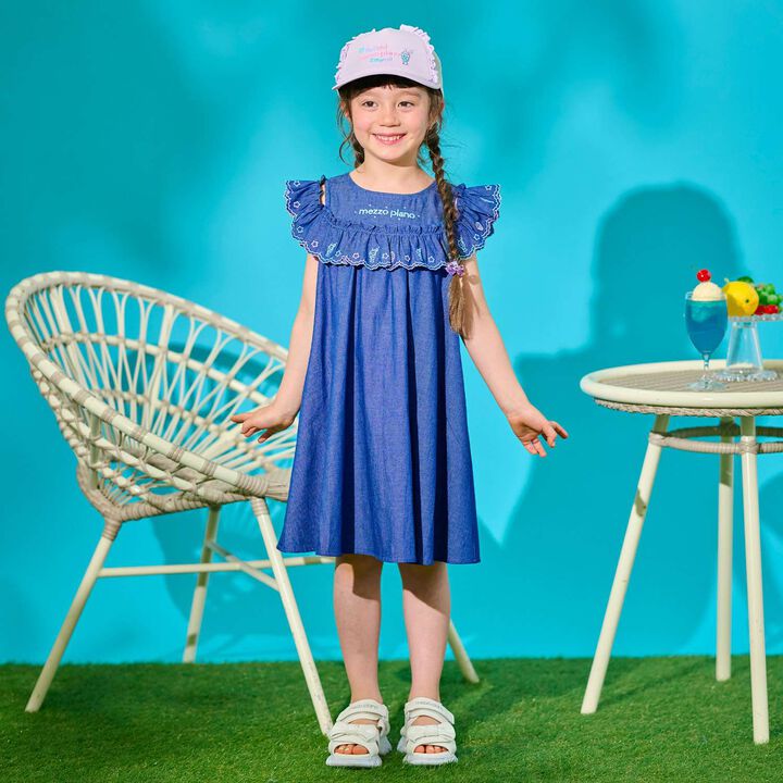 Cutwork Embroidery 2WAY Shoulder-Opening Denim One-Piece Dress [Cool Touch],Sax blue, medium image number 2