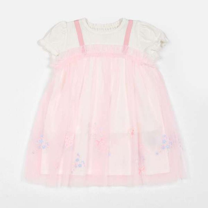 Flower Embroidered Tulle One-Piece Dress,Light pink, medium image number 0