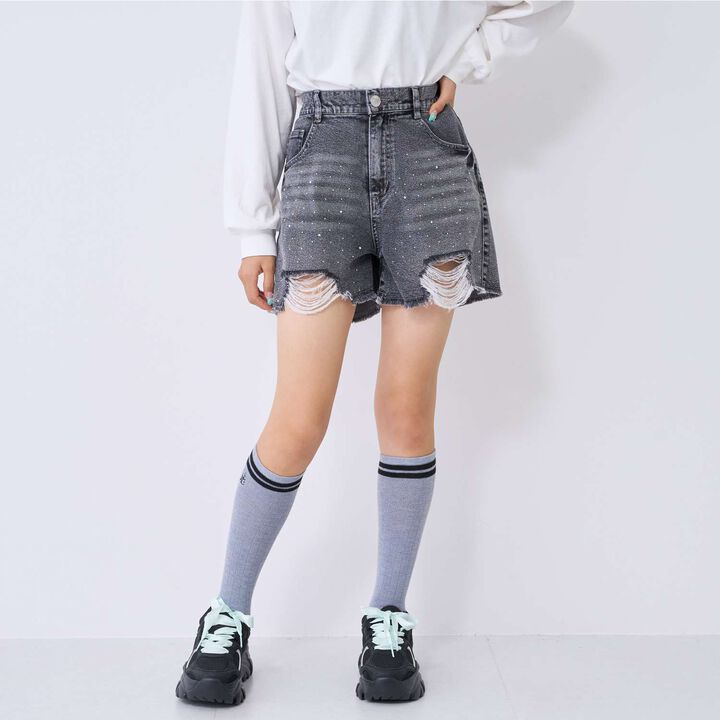 [LTXC] Sparkling Distressed Denim Shorts,Gray, medium image number 0