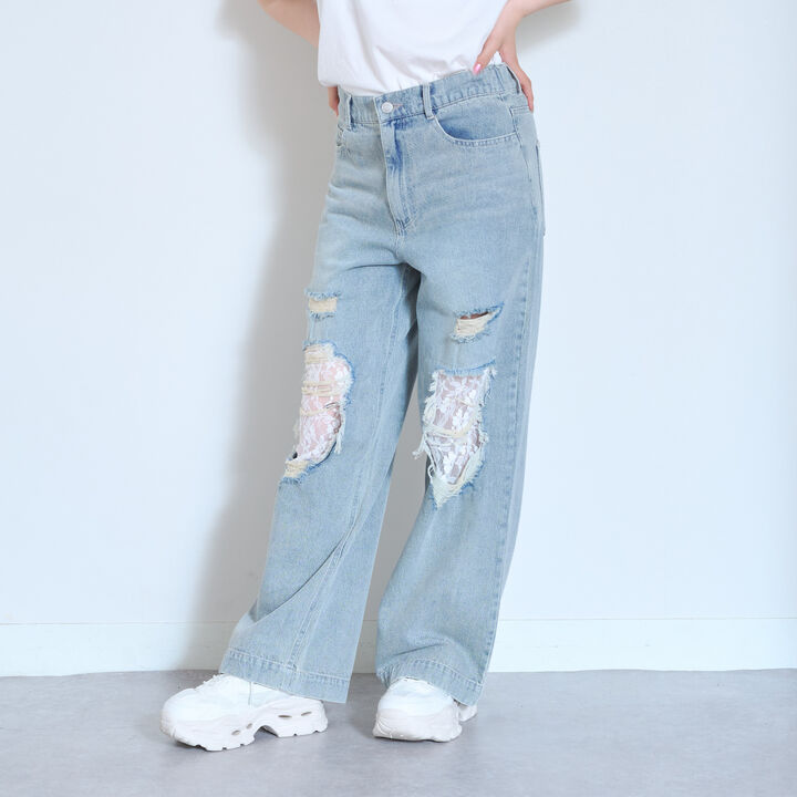 [LTXC] Lace Distressed Denim Wide Pants,Blue, medium image number 2