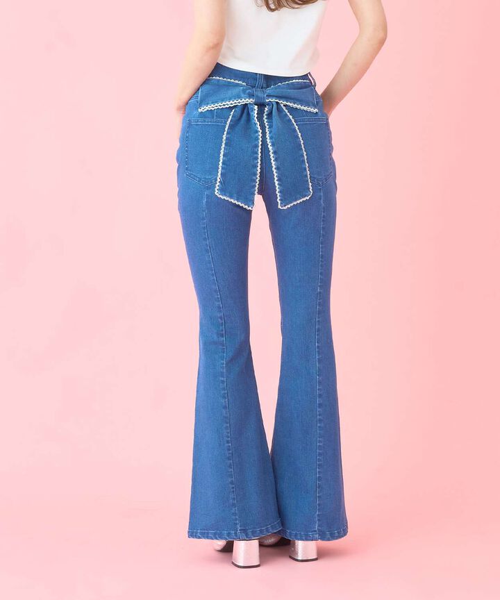 Back Ribbon Stone Flare Denim Pants,Light blue, medium image number 5